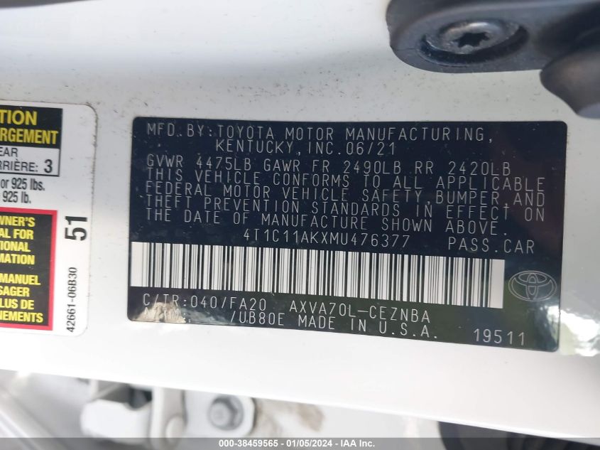 2021 TOYOTA CAMRY LE - 4T1C11AKXMU476377