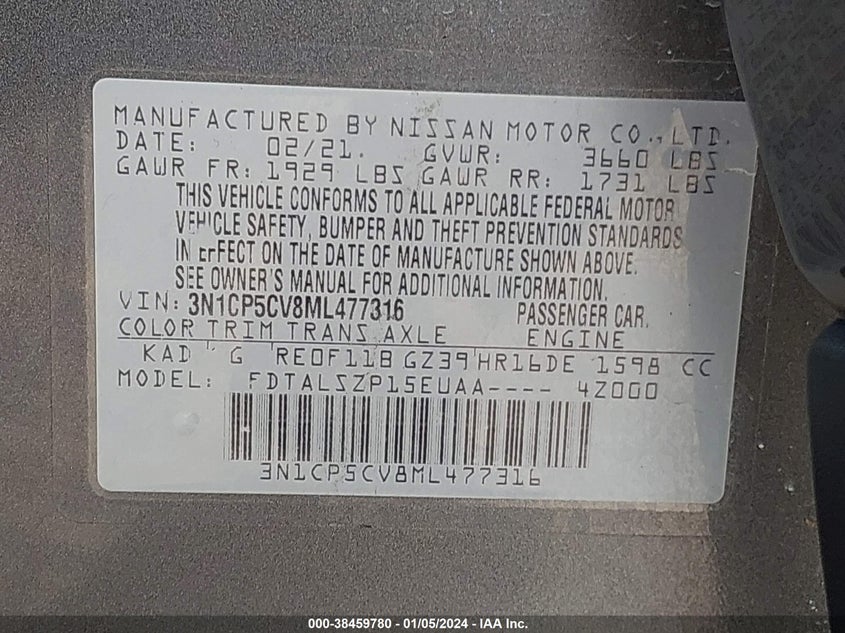 VIN 3N1CP5CV8ML477316 2021 NISSAN KICKS SV XTRONIC CVT