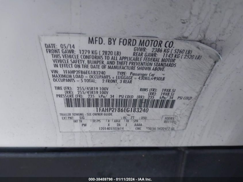 2014 FORD TAURUS LIMITED - 1FAHP2F86EG183240