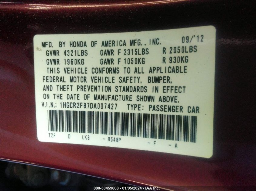 2013 HONDA ACCORD EXL - 1HGCR2F87DA007427