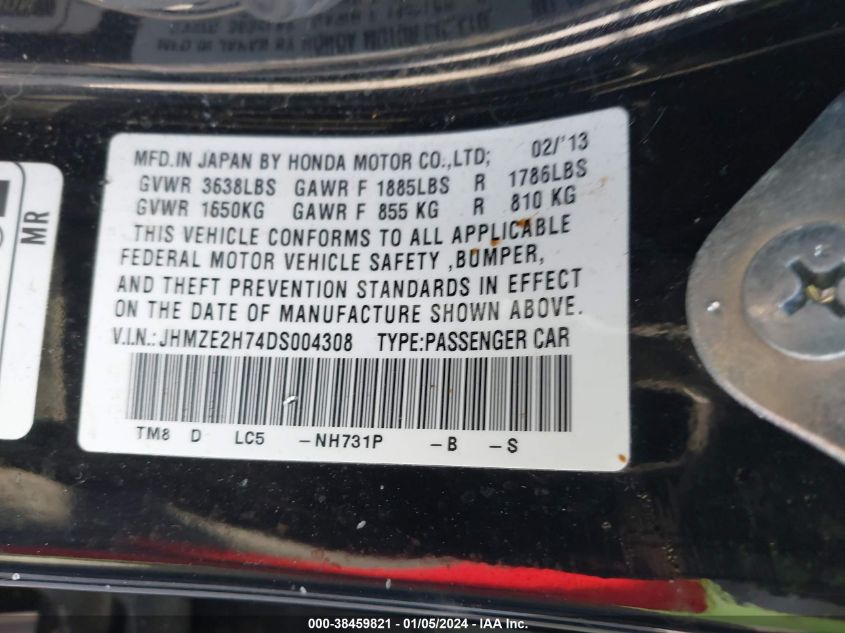 2013 HONDA INSIGHT EX - JHMZE2H74DS004308