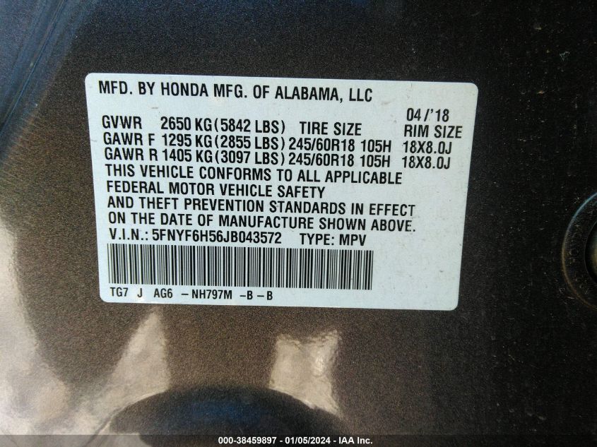 2018 HONDA PILOT EXL - 5FNYF6H56JB043572