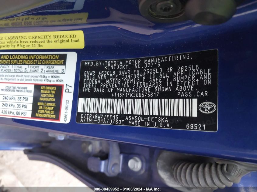 2016 TOYOTA CAMRY SE - 4T1BF1FK3GU575617