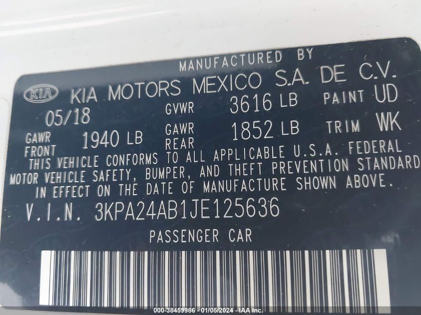 2018 KIA RIO S - 3KPA24AB1JE125636