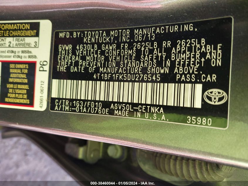 2013 TOYOTA CAMRY L/SE/LE/XLE - 4T1BF1FK5DU276545