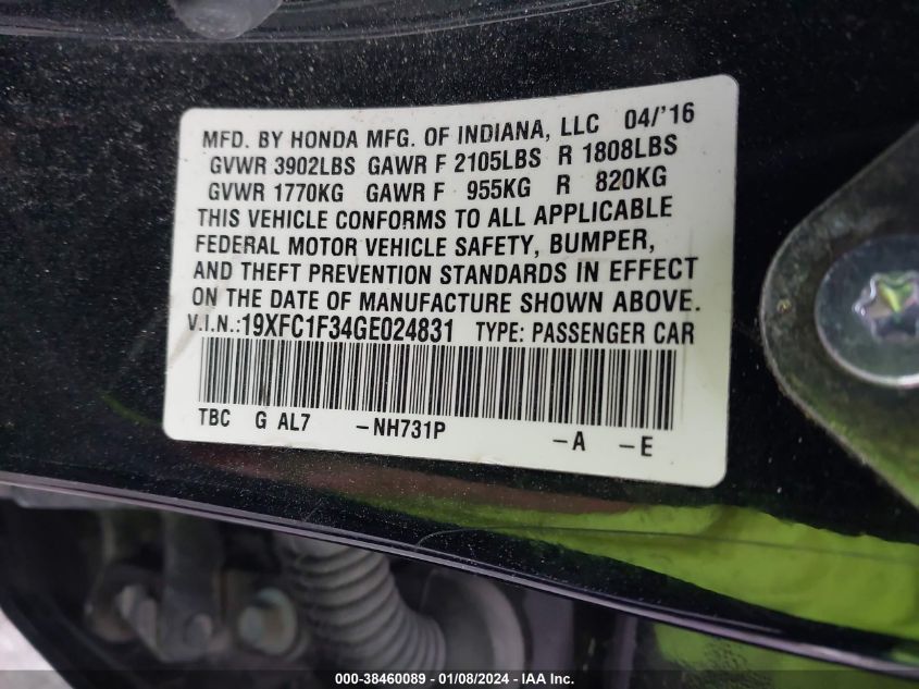 2016 HONDA CIVIC EX - 19XFC1F34GE024831