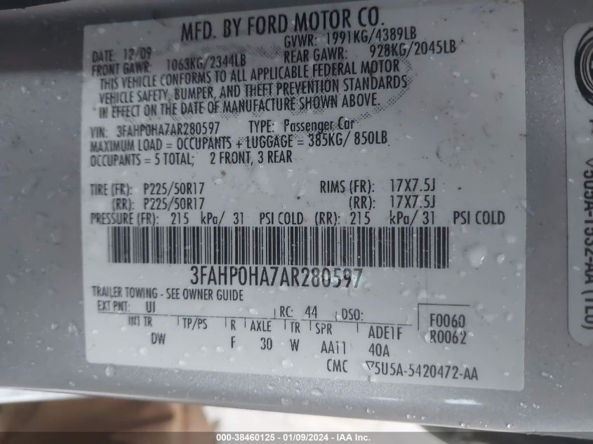 3FAHP0HA7AR280597 | 2010 FORD FUSION