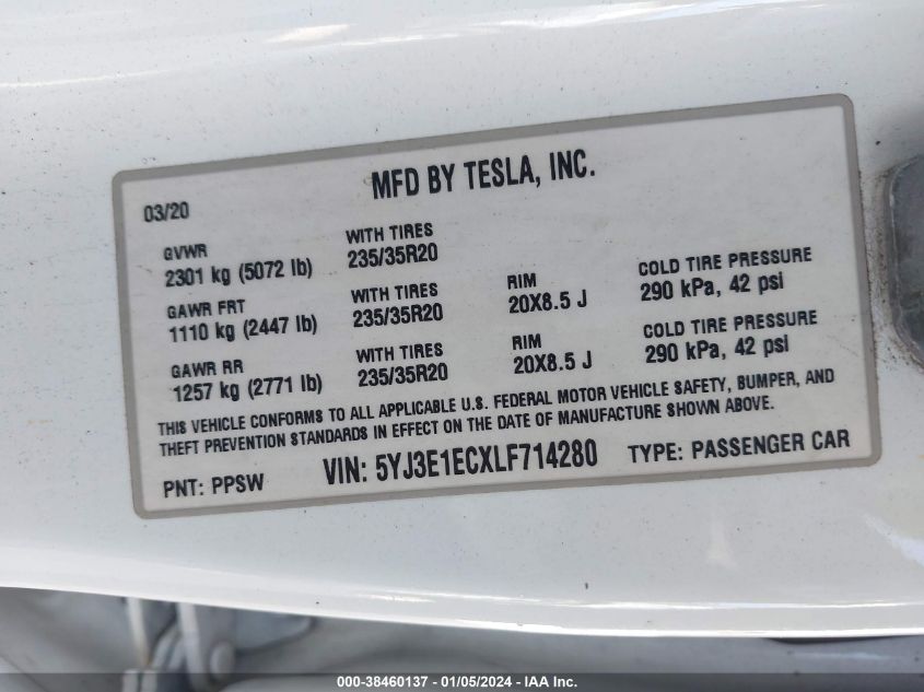 2020 TESLA MODEL 3 - 5YJ3E1ECXLF714280