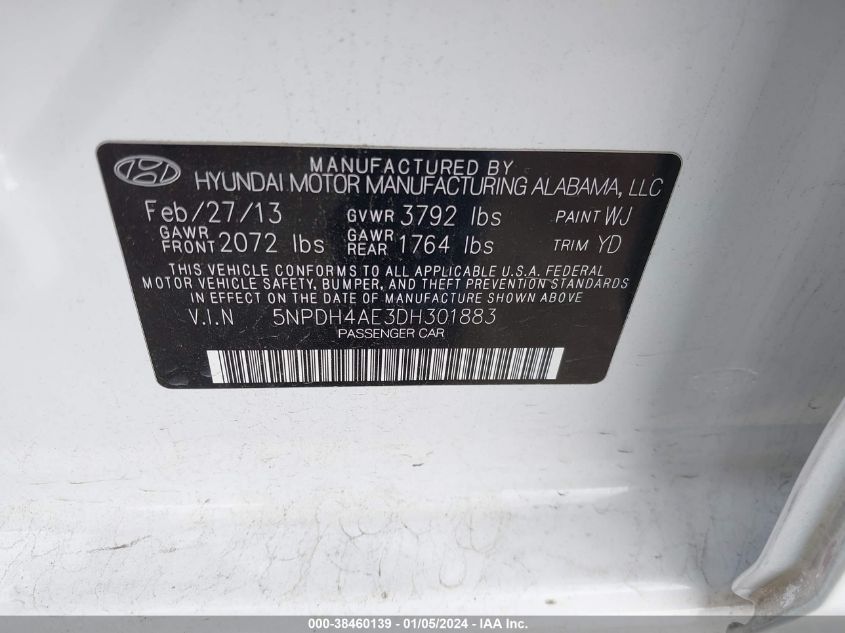 5NPDH4AE3DH301883 | 2013 HYUNDAI ELANTRA