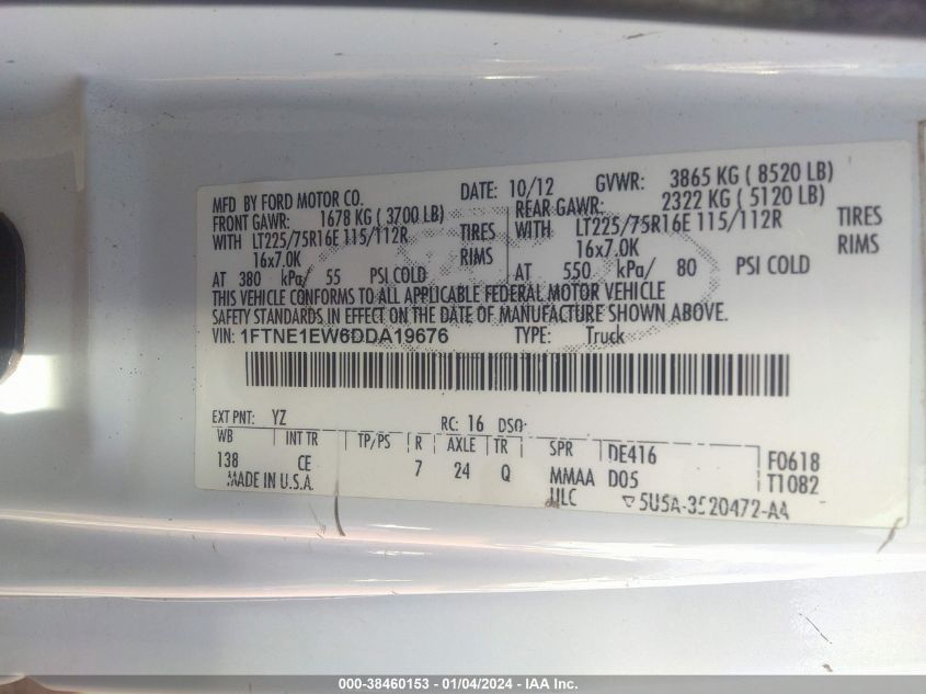 2013 FORD E-150 COMMERCIAL 1FTNE1EW6DDA19676