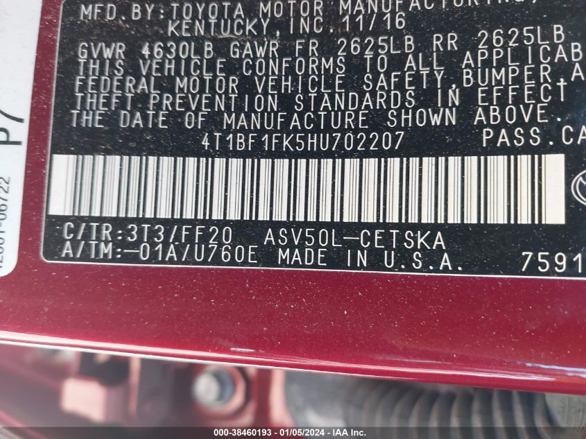 2017 TOYOTA CAMRY SE - 4T1BF1FK5HU702207