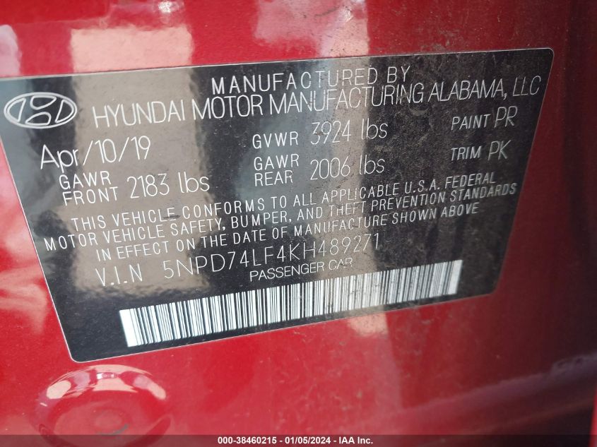 2019 HYUNDAI ELANTRA SE - 5NPD74LF4KH489271