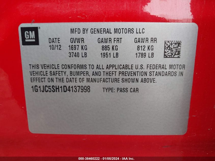 2013 CHEVROLET SONIC LT AUTO - 1G1JC5SH1D4137998