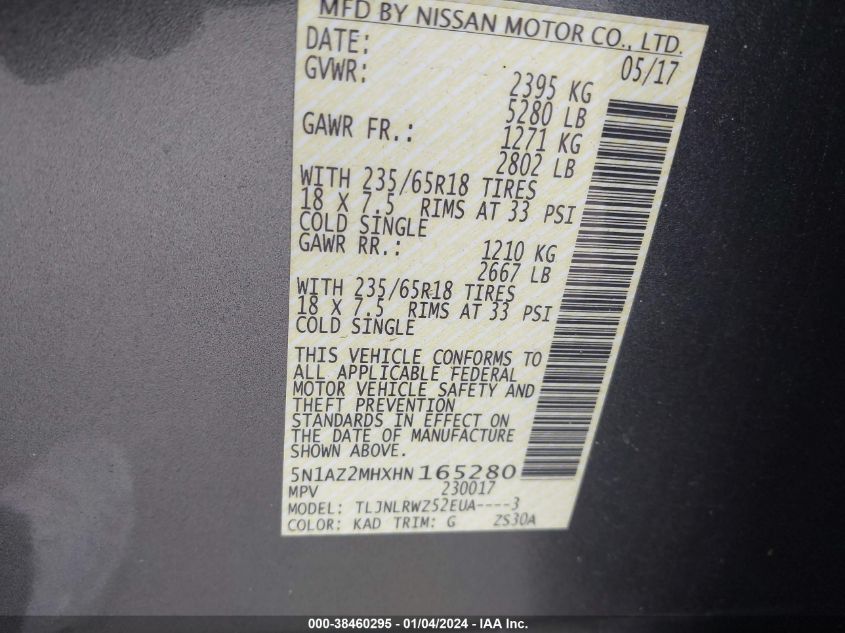 2017 NISSAN MURANO SL - 5N1AZ2MHXHN165280