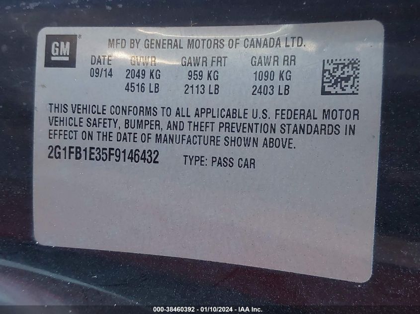 2015 CHEVROLET CAMARO LS - 2G1FB1E35F9146432