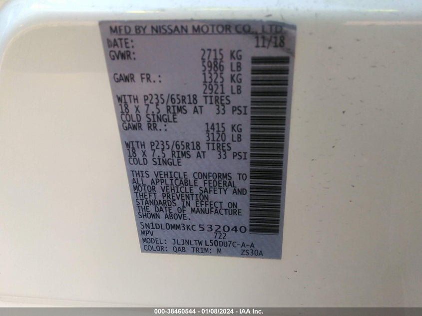 VIN 5N1DL0MM3KC532040 2019 INFINITI QX60 LUXE/PURE