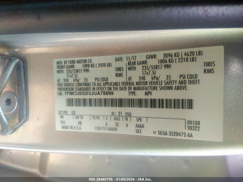 VIN 1FMCU0GD3JUA78899 2018 FORD ESCAPE SE