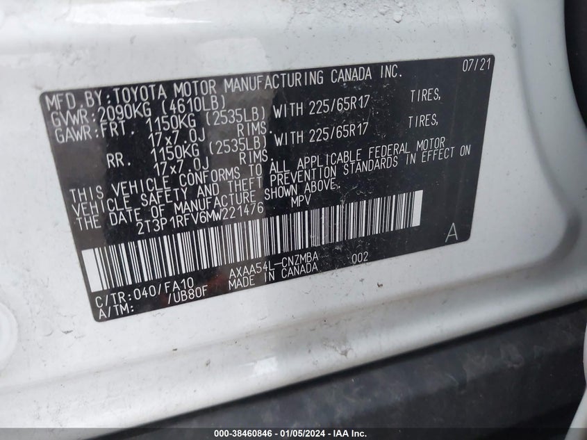 VIN 2T3P1RFV6MW221476 2021 TOYOTA RAV4 XLE