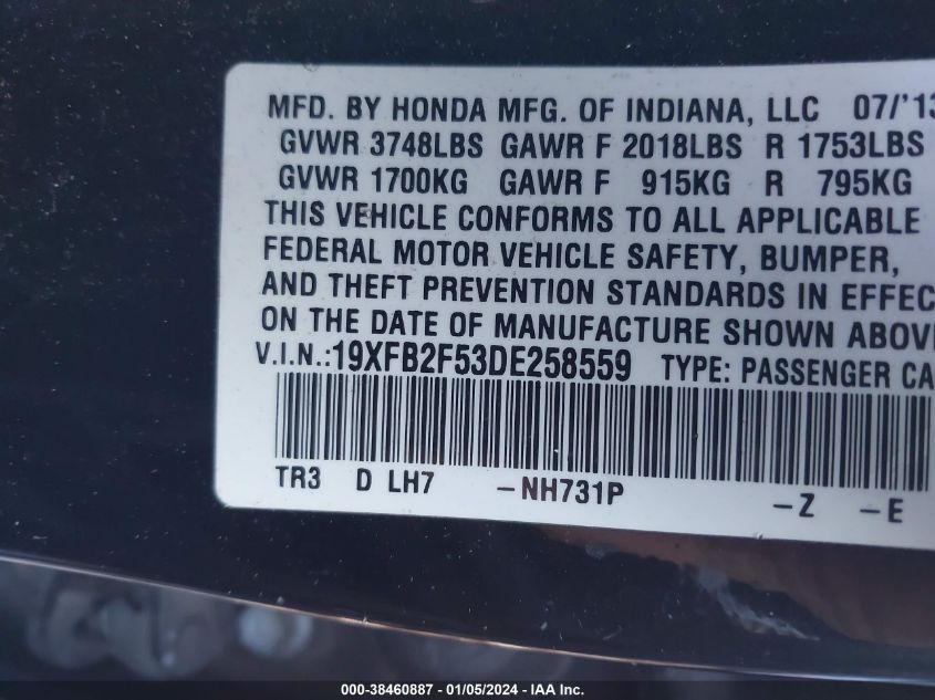2013 HONDA CIVIC LX - 19XFB2F53DE258559