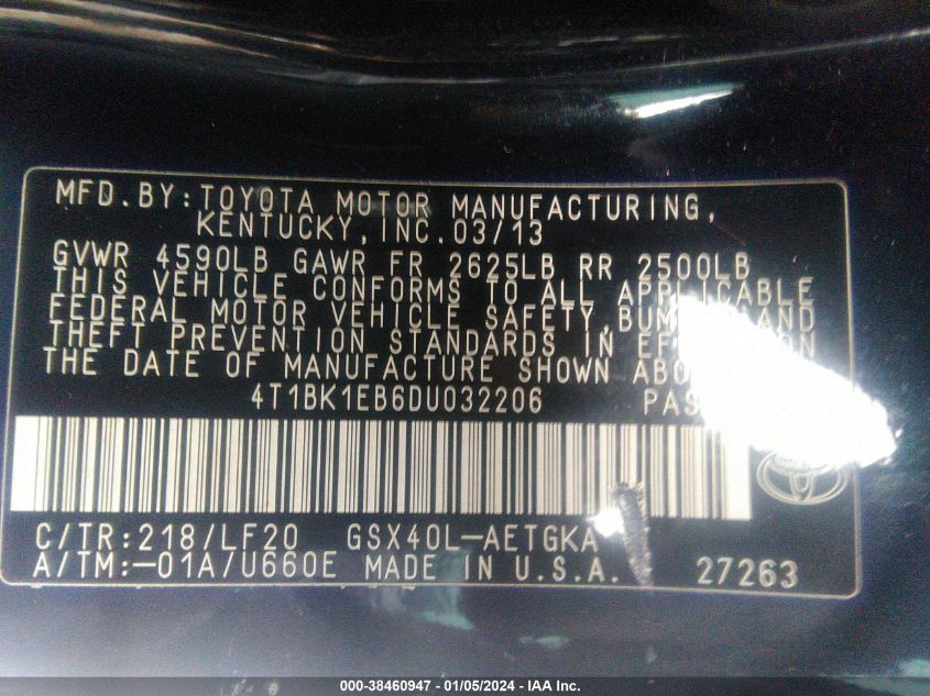 2013 TOYOTA AVALON PREMIUM/TOURING/LIMITED - 4T1BK1EB6DU032206