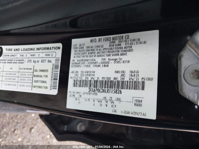 2020 FORD FUSION SEL - 3FA6P0CD0LR115826