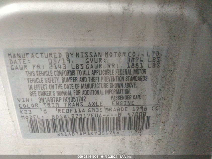 VIN 3N1AB7AP1KY351742 2019 NISSAN SENTRA S/SV/SR/SL
