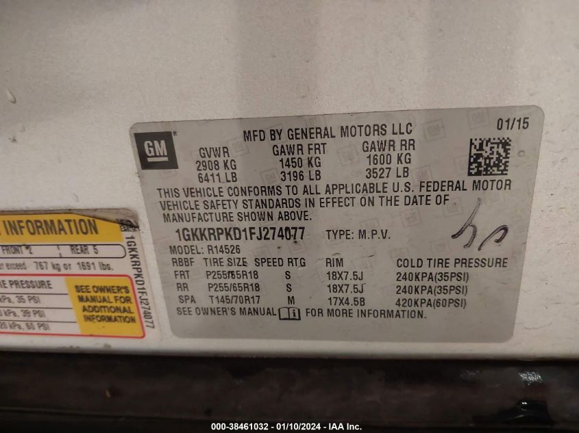 2015 GMC ACADIA SLE-2 - 1GKKRPKD1FJ274077