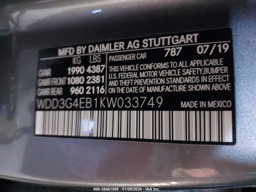2019 MERCEDES-BENZ A 220 WDD3G4EB1KW033749