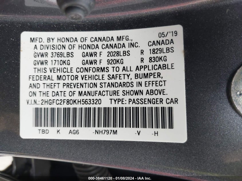 VIN 2HGFC2F80KH563320 2019 HONDA CIVIC SPORT