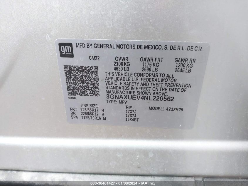 2022 CHEVROLET EQUINOX AWD LT - 3GNAXUEV4NL220562