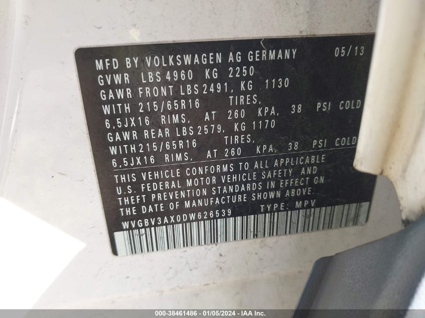 2013 VOLKSWAGEN TIGUAN S - WVGBV3AX0DW626539