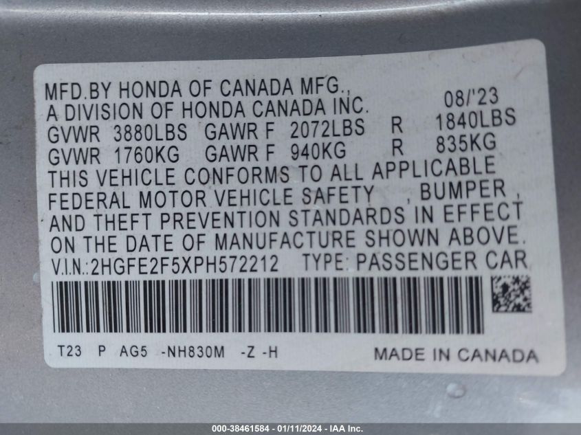 2023 HONDA CIVIC SPORT - 2HGFE2F5XPH572212