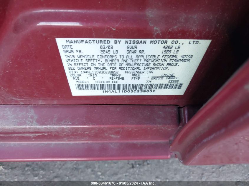 1N4AL11D03C239852 | 2003 NISSAN ALTIMA