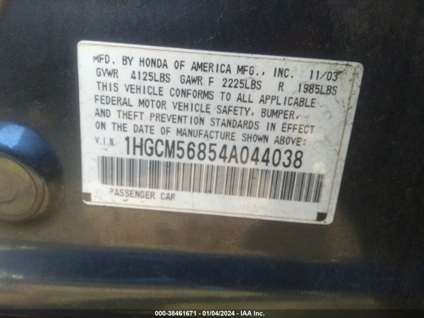 1HGCM56854A044038 | 2004 HONDA ACCORD