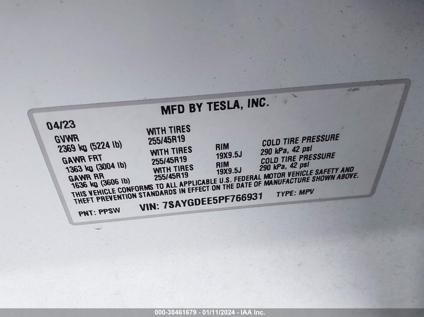 VIN 7SAYGDEE5PF766931 2023 TESLA MODEL Y