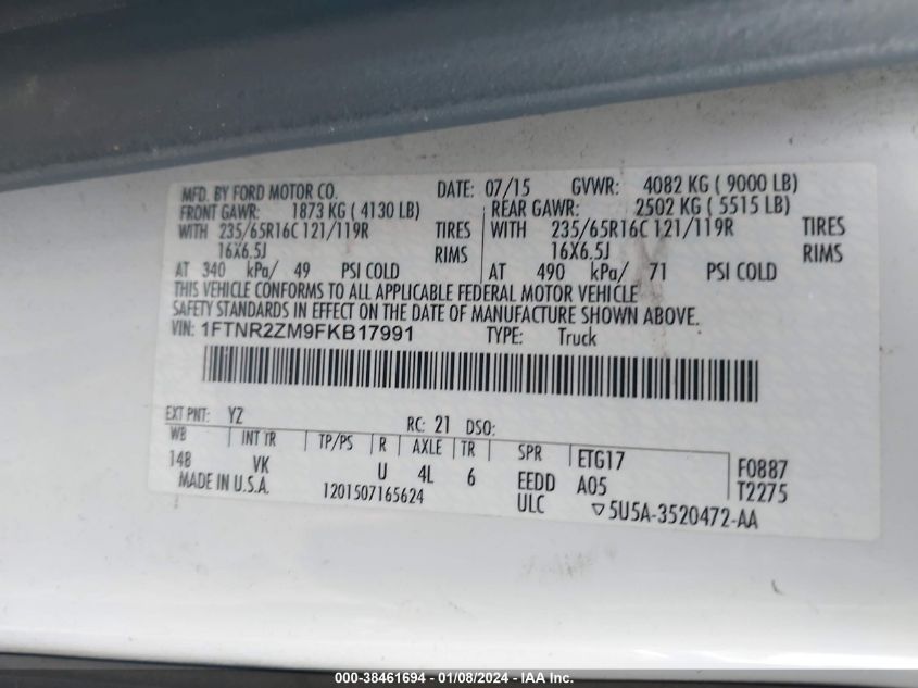 2015 FORD TRANSIT-250 - 1FTNR2ZM9FKB17991