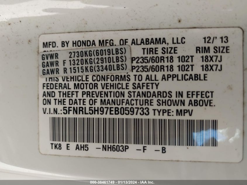 2014 HONDA ODYSSEY TOURING/TOURING ELITE - 5FNRL5H97EB059733
