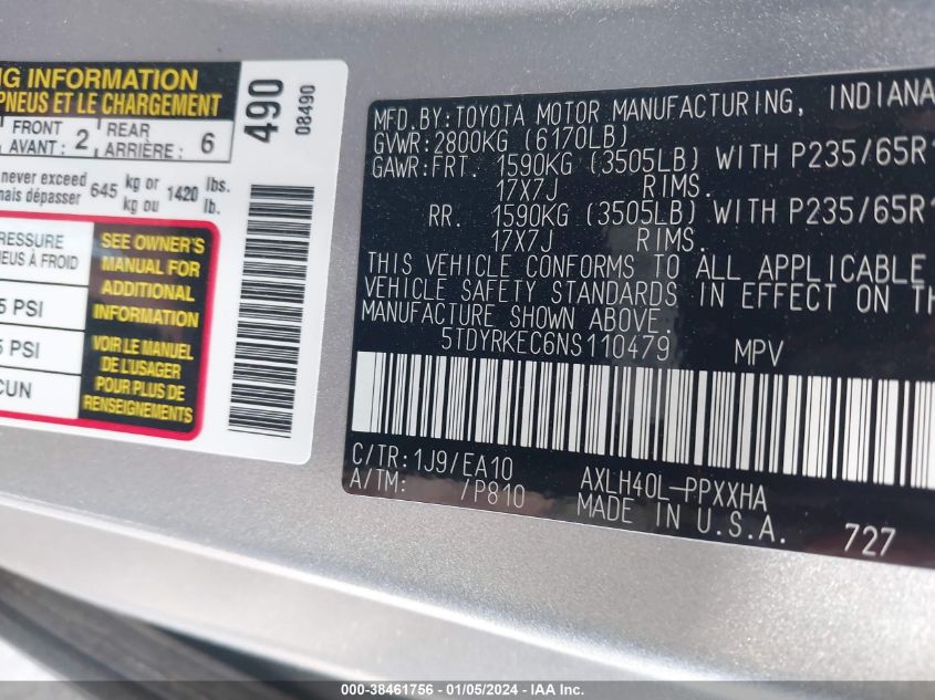 2022 TOYOTA SIENNA XLE - 5TDYRKEC6NS110479