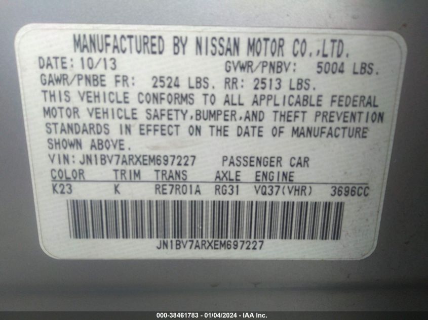 2014 INFINITI Q50 PREMIUM - JN1BV7ARXEM697227