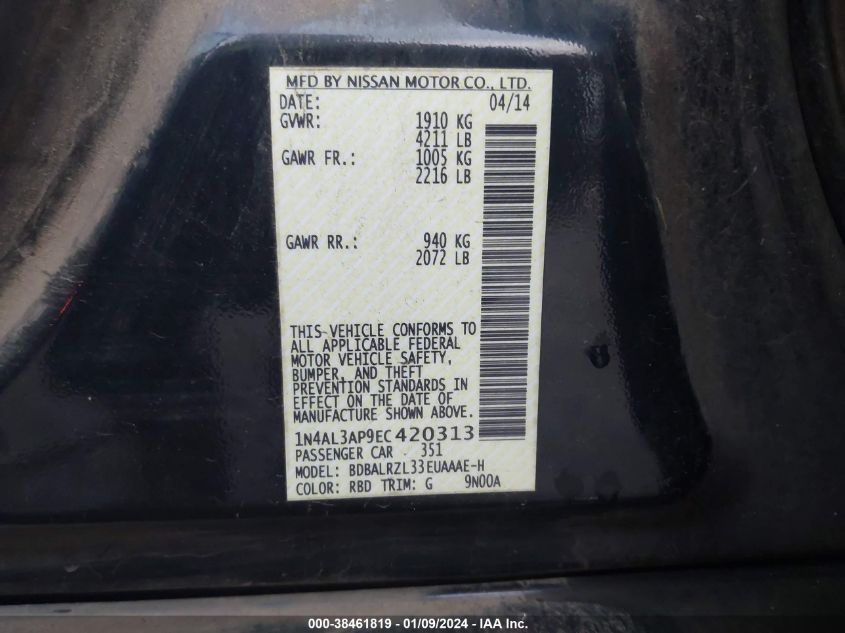 2014 NISSAN ALTIMA 2.5/S/SV/SL - 1N4AL3AP9EC420313