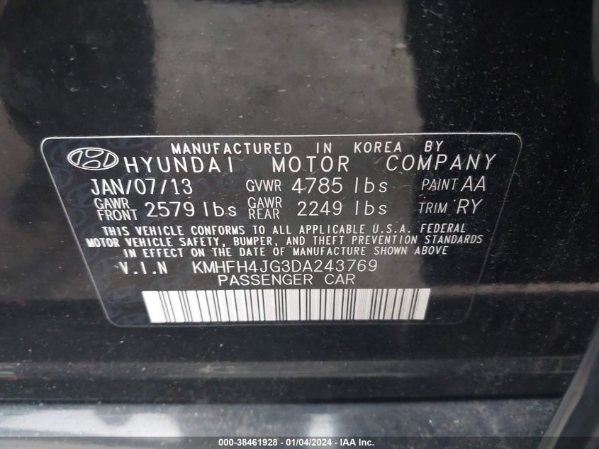 2013 HYUNDAI AZERA KMHFH4JG3DA243769