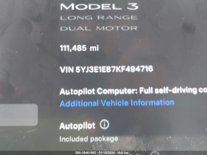 2019 TESLA MODEL 3 - 5YJ3E1EB7KF494716