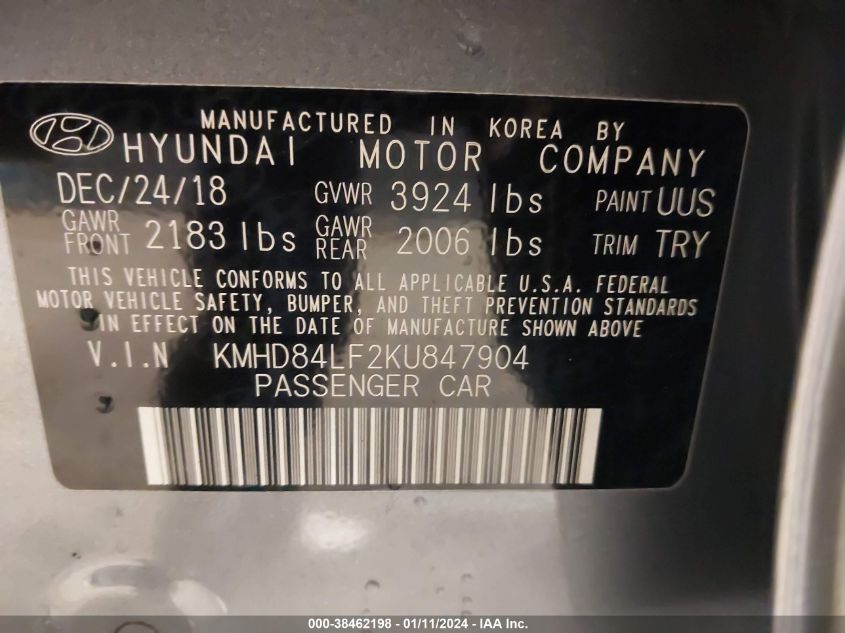 KMHD84LF2KU847904 | 2019 HYUNDAI ELANTRA