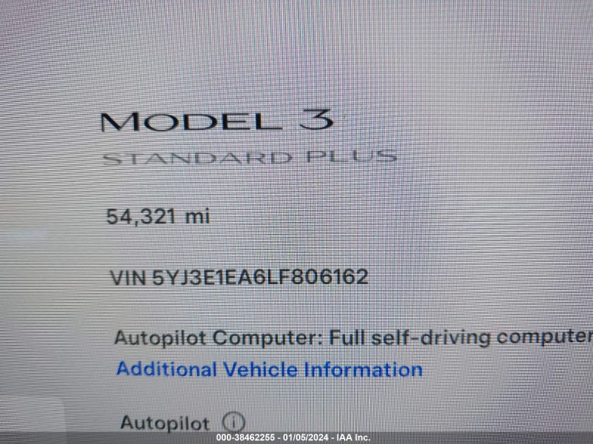 2020 TESLA MODEL 3 STANDARD RANGE PLUS REAR-WHEEL DRIVE/STANDARD RANGE REAR-WHEEL DRIVE - 5YJ3E1EA6LF806162