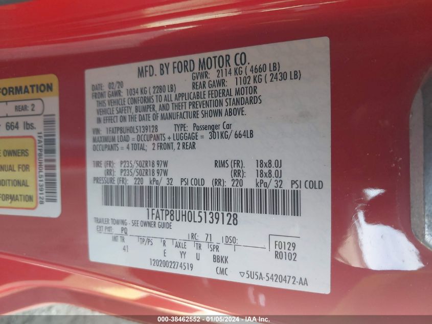 2020 FORD MUSTANG - 1FATP8UH0L5139128