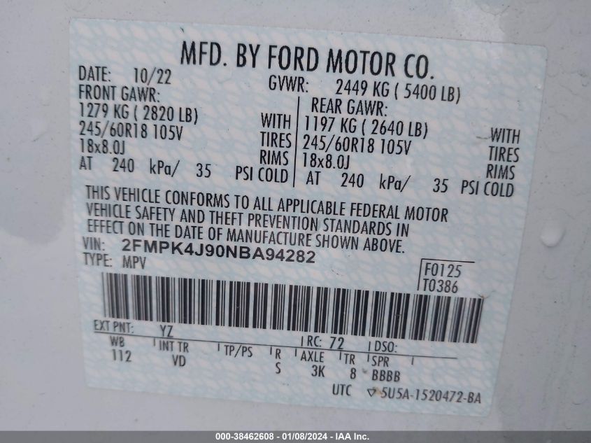 2FMPK4J90NBA94282 2022 FORD EDGE, photo no. 9