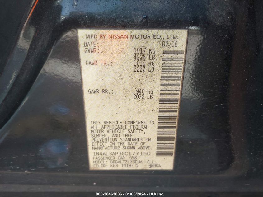 2016 NISSAN ALTIMA 2.5/S/SV/SL/SR - 1N4AL3AP3GC177150