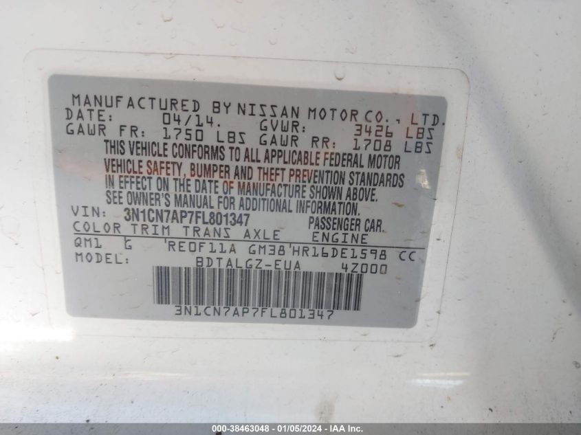 2015 NISSAN VERSA 1.6 SL - 3N1CN7AP7FL801347