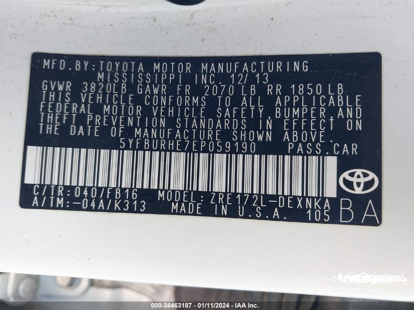 2014 TOYOTA COROLLA L/LE/LE PLS/PRM/S/S PLS - 5YFBURHE7EP059190