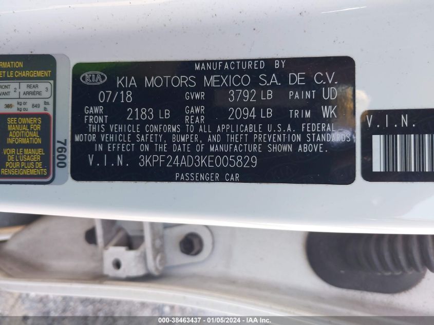 2019 KIA FORTE FE/LX/LXS - 3KPF24AD3KE005829